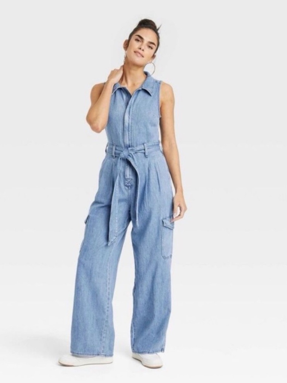 NWT Universal Threads Sleeveless Denim Wide Leg Jumpsuit with Tie Waist Sz 12
